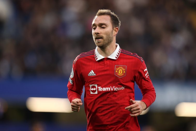 Christian Eriksen of Manchester United during the Premier League match between Chelsea FC and Manchester United at Stamford Bridge on October 22, 2022 in London, England.