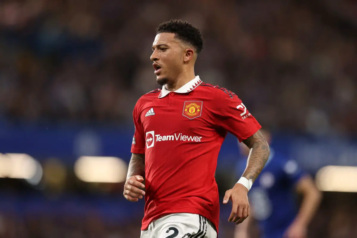 Jadon Sancho of Manchester United during the Premier League match between Chelsea FC and Manchester United at Stamford Bridge on October 22, 2022 in London, England.
