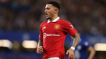 Jadon Sancho of Manchester United during the Premier League match between Chelsea FC and Manchester United at Stamford Bridge on October 22, 2022 in London, England.