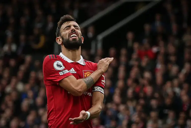 Manchester United's Portuguese midfielder Bruno Fernandes reacts during the English Premier League football match between Manchester United and Newcastle at Old Trafford in Manchester, north west England, on October 16, 2022.