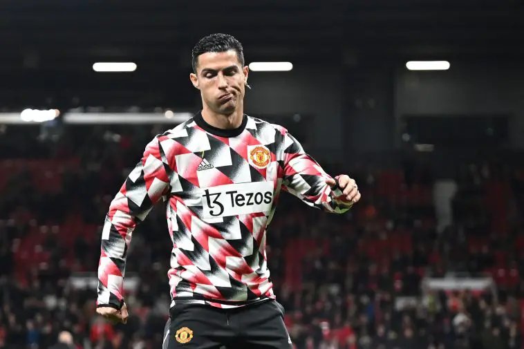 Manchester United's Portuguese striker Cristiano Ronaldo reacts during the warm up prior to the English Premier League football match between Manchester United and Tottenham Hotspur at Old Trafford in Manchester, north west England, on October 19, 2022.