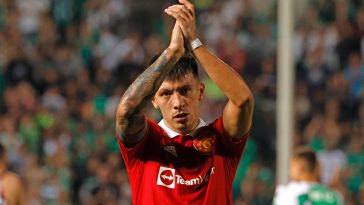 Manchester United's Argentinian defender Lisandro Martinez reacts at the end of the UEFA Europa League group E football match between Cyprus' Omonia Nicosia and England's Manchester United at GSP stadium in the capital Nicosia on October 6, 2022.