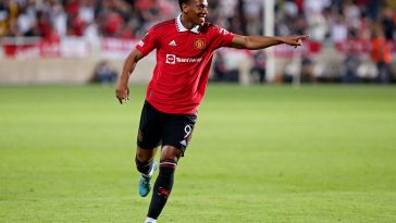 Manchester United's French striker Anthony Martial celebrates after scoring a goal during the UEFA Europa League group E football match between Cyprus' Omonia Nicosia and England's Manchester United at GSP stadium in the capital Nicosia on October 6, 2022.