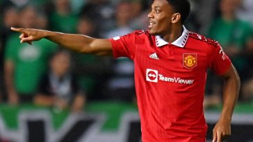 Manchester United's French striker Anthony Martial celebrates after scoring a goal during the UEFA Europa League group E football match between Cyprus' Omonia Nicosia and England's Manchester United at GSP stadium in the capital Nicosia on October 6, 2022.