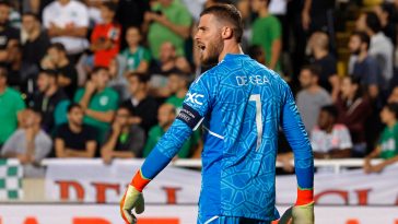 Manchester United's Spanish goalkeeper David de Gea reacts during the UEFA Europa League group E football match between Cyprus' Omonia Nicosia and England's Manchester United at GSP stadium in the capital Nicosia on October 6, 2022.