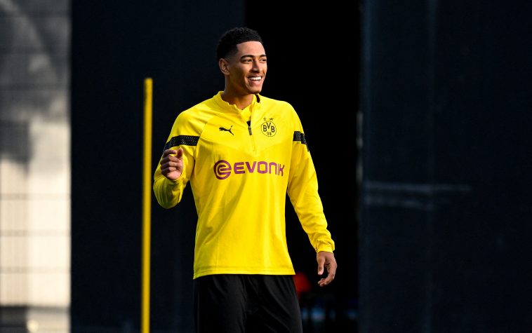 Dortmund's English midfielder Jude Bellingham takes part in a training session on the eve of the UEFA Champions League group G football match BVB Borussia Dortmund v Manchester City, in Dortmund on October 24, 2022.