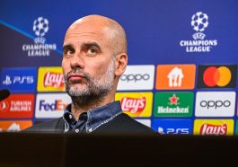 Manchester City manager Pep Guardiola at a press conference.