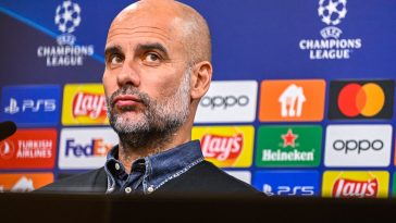 Manchester City manager Pep Guardiola at a press conference.