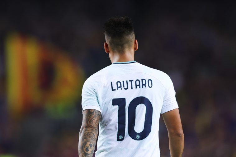 Lautaro Martinez of FC Internazionale looks on during the UEFA Champions League group C match between FC Barcelona and FC Internazionale at Spotify Camp Nou on October 12, 2022 in Barcelona, Spain.