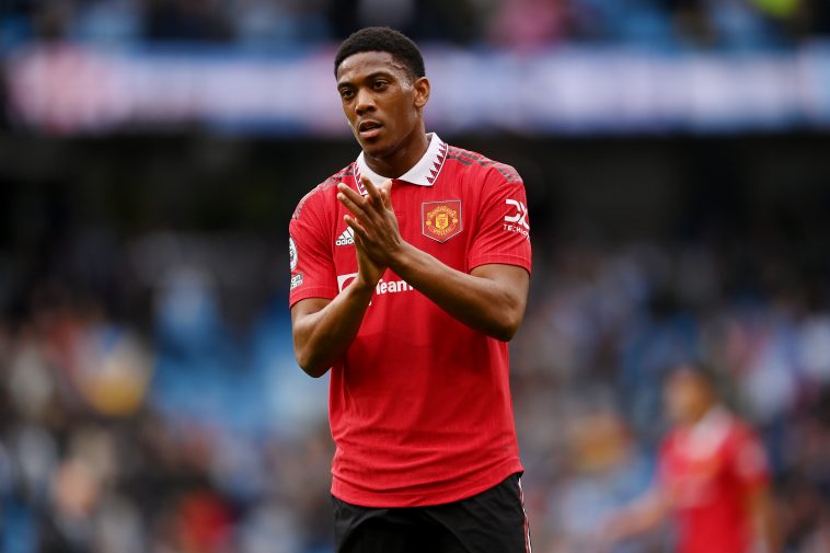 Anthony Martial of Manchester United interacts with the crowd following the Premier League match between Manchester City and Manchester United at Etihad Stadium on October 02, 2022 in Manchester, England.