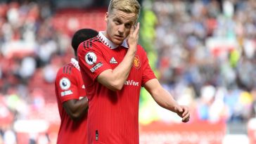 Donny van de Beek of Manchester United reacts after the Premier League match between Manchester United and Brighton & Hove Albion at Old Trafford on August 07, 2022 in Manchester, England.