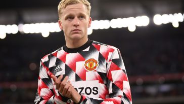 Donny van de Beek of Manchester United thanks the fans following the Pre-Season Friendly match between Manchester United and Crystal Palace at Melbourne Cricket Ground on July 19, 2022 in Melbourne, Australia.