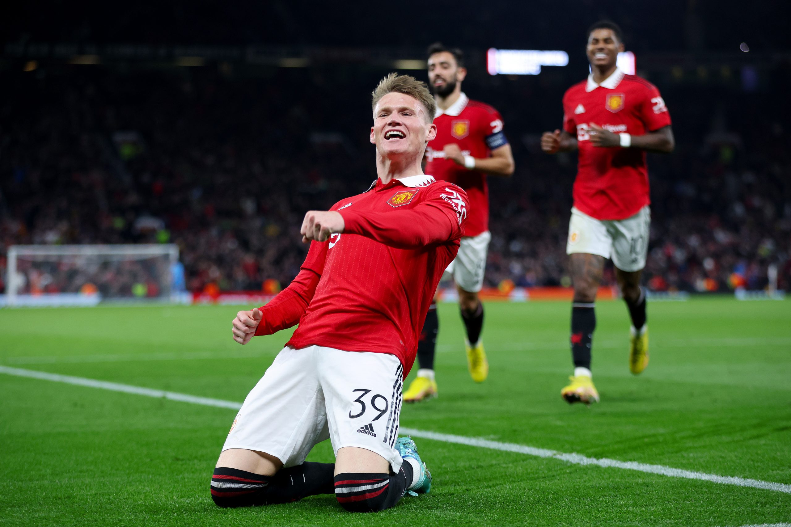 Scott McTominay celebrates after scoring the winner. (Photo by Clive Brunskill/Getty Images)