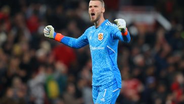 David de Gea of Manchester United reacts during the UEFA Europa League group E match between Manchester United and Omonia Nikosia at Old Trafford on October 13, 2022 in Manchester, England.
