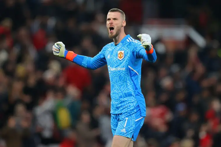 David de Gea of Manchester United reacts during the UEFA Europa League group E match between Manchester United and Omonia Nikosia at Old Trafford on October 13, 2022 in Manchester, England.