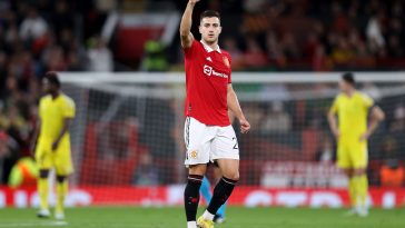 Diogo Dalot of Manchester United celebrates after scoring their team's first goal during the UEFA Europa League group E match between Manchester United and Sheriff Tiraspol at Old Trafford on October 27, 2022 in Manchester, England