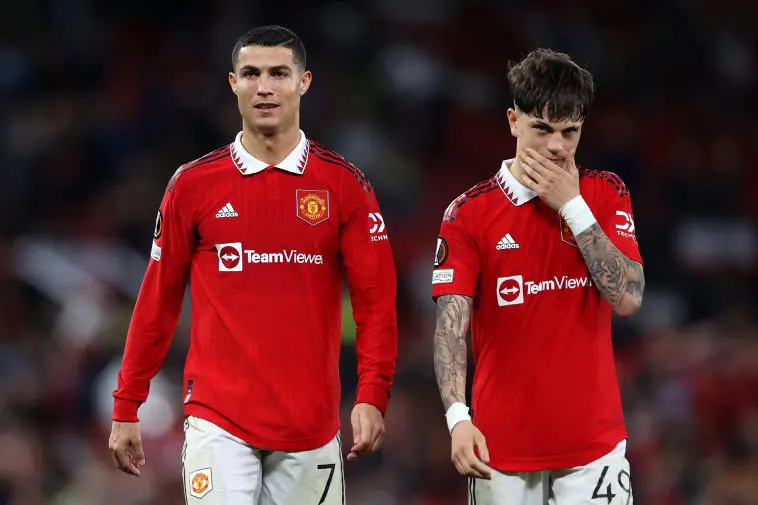 Cristiano Ronaldo and Alejandro Garnacho Ferreyra of Manchester United look on after their sides victory during the UEFA Europa League group E match between Manchester United and Sheriff Tiraspol at Old Trafford on October 27, 2022 in Manchester, England