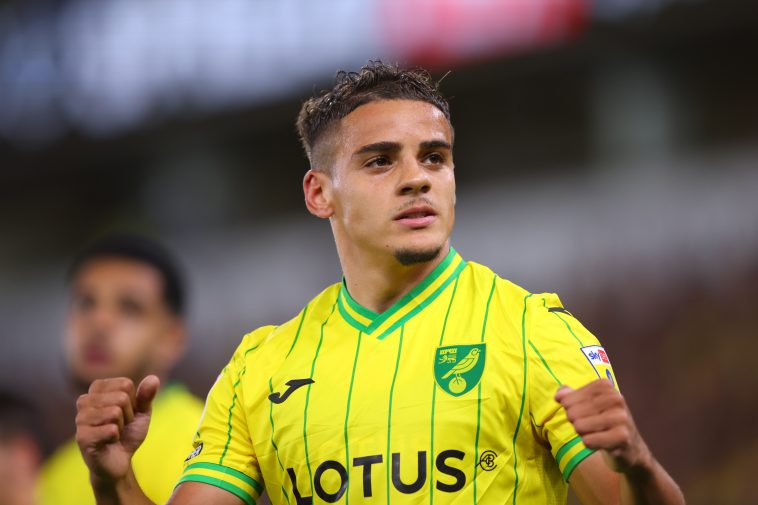 Max Aarons of Norwich City celebrates during the Sky Bet Championship between Norwich City and Millwall at Carrow Road on August 19, 2022 in Norwich, United Kingdom.
