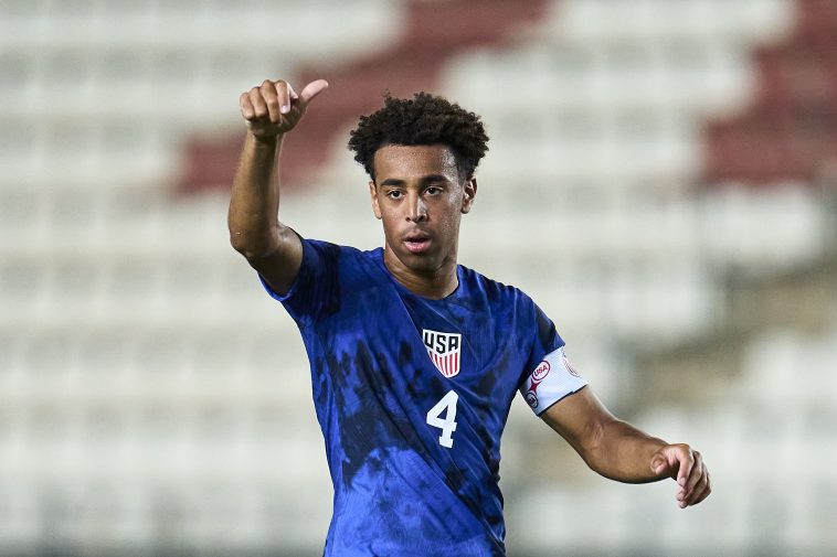 Tyler Adams of The United States looks on during the international friendly match between Saudi Arabia and United States at Estadio Nueva Condomina on September 27, 2022 in Murcia, Spain.