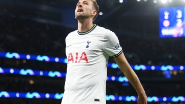 Harry Kane of Tottenham Hotspur reacts after missing a penalty during the UEFA Champions League group D match between Tottenham Hotspur and Eintracht Frankfurt at Tottenham Hotspur Stadium on October 12, 2022 in London, England.