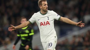 Harry Kane of Spurs reacts during the UEFA Champions League group D match between Tottenham Hotspur and Sporting CP at Tottenham Hotspur Stadium on October 26, 2022 in London, England.