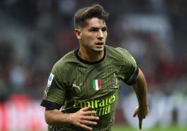 Brahim Diaz of AC Milan celebrates after scoring the opening goal during the Serie A match between AC MIlan and AC Monza at Stadio Giuseppe Meazza on October 22, 2022 in Milan