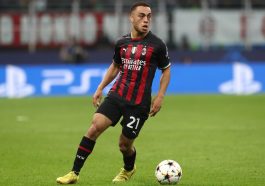 Sergino Dest of AC Milan in action during the UEFA Champions League group E match between AC Milan and Chelsea FC at Giuseppe Meazza Stadium on October 11, 2022 in Milan, Italy