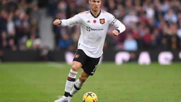 Cristiano Ronaldo of Manchester United in action during the Premier League match between Aston Villa and Manchester United at Villa Park on November 06, 2022 in Birmingham, England.