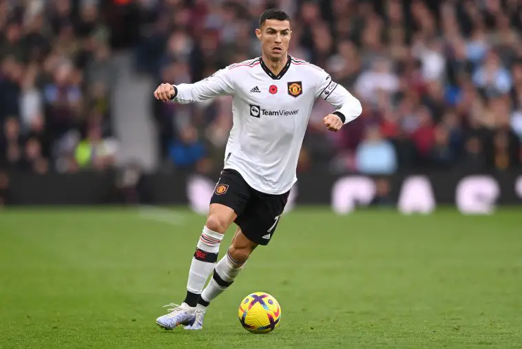Cristiano Ronaldo of Manchester United in action during the Premier League match between Aston Villa and Manchester United at Villa Park on November 06, 2022 in Birmingham, England.