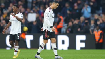 Cristiano Ronaldo of Manchester United reacts after their sides defeat during the Premier League match between Aston Villa and Manchester United at Villa Park on November 06, 2022 in Birmingham, England.