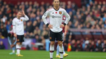 Cristiano Ronaldo of Manchester United reacts during the Premier League match between Aston Villa and Manchester United at Villa Park on November 06, 2022 in Birmingham, England