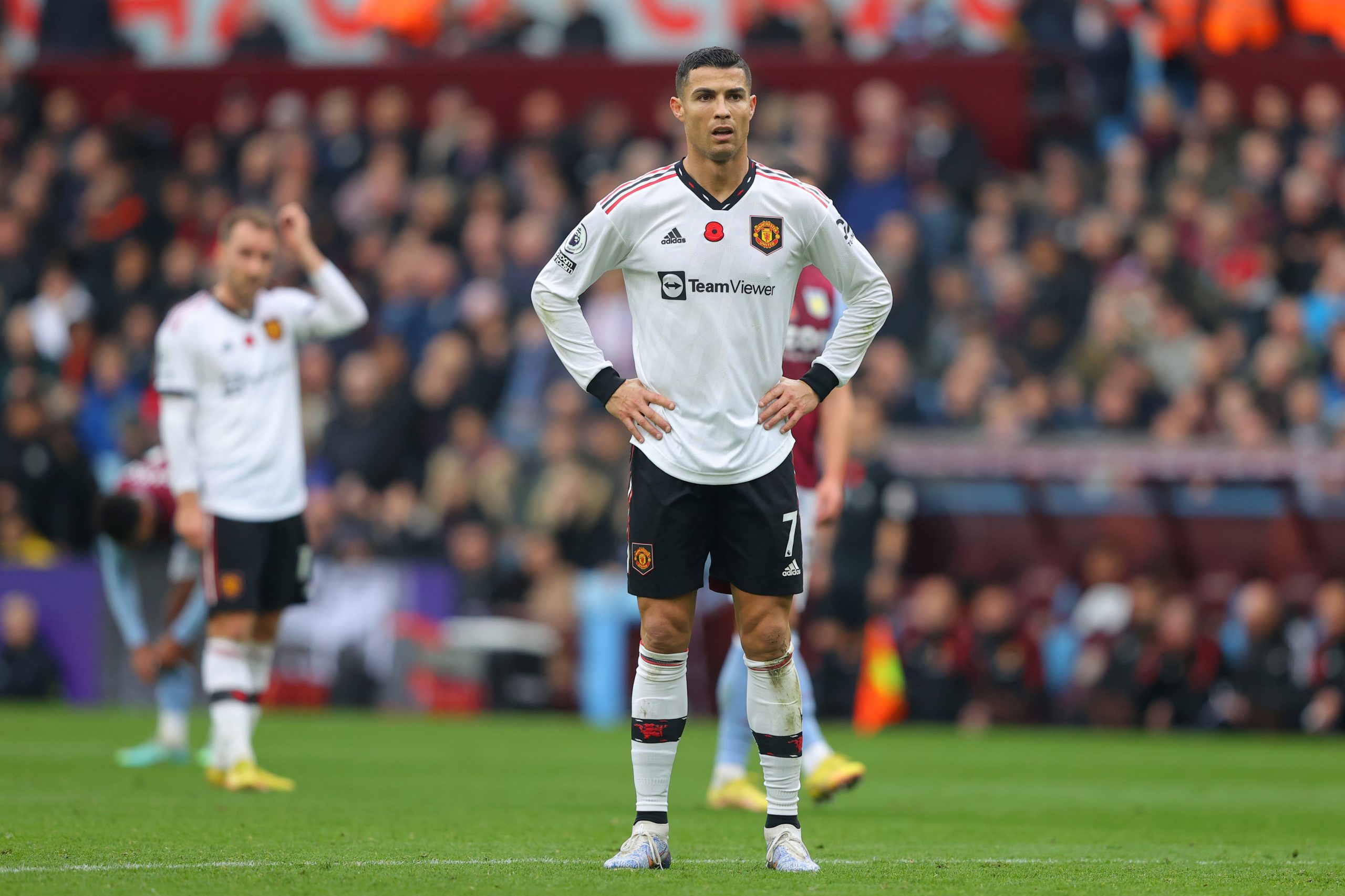 Cristiano Ronaldo of Manchester United reacts during the Premier League match between Aston Villa and Manchester United at Villa Park on November 06, 2022 in Birmingham, England