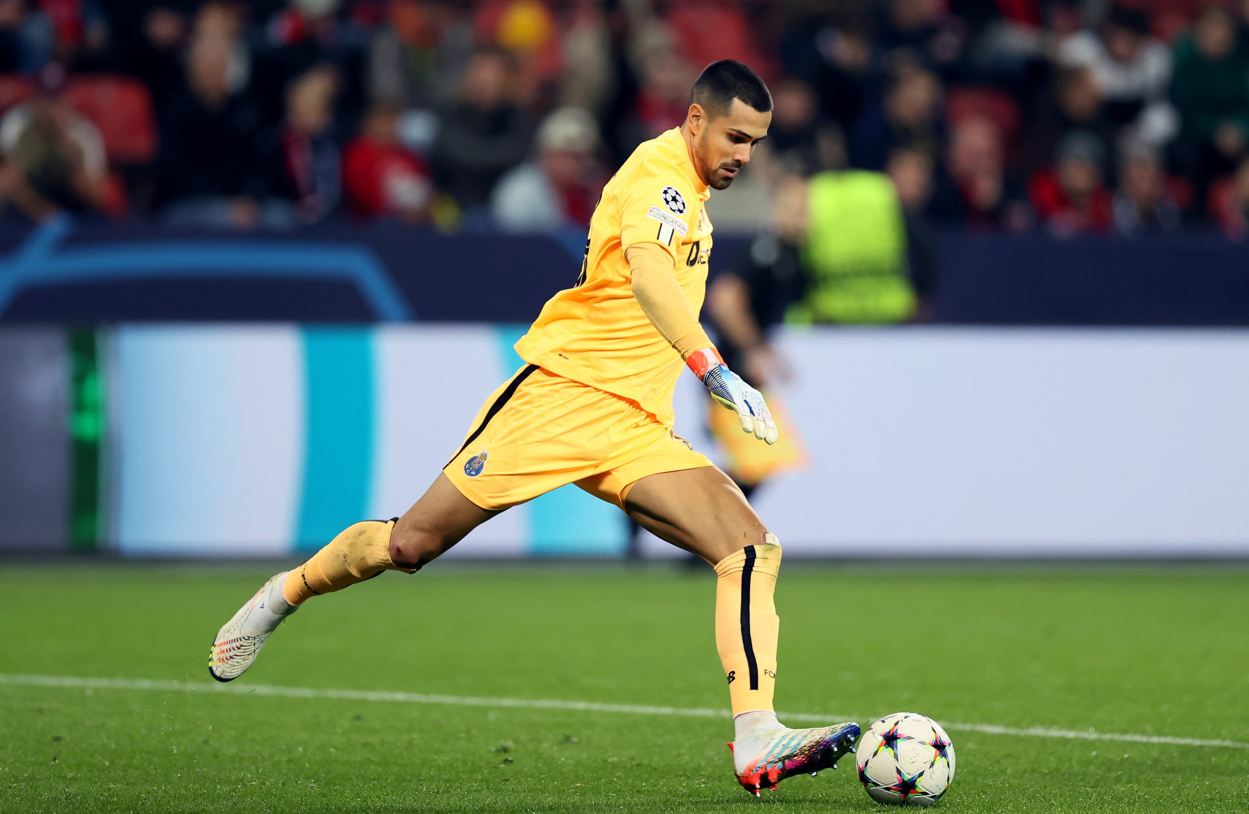 Diogo Costa, goalkeeper of FC Porto controls the ball during the UEFA Champions League group B match between Bayer 04 Leverkusen and FC Porto at BayArena on October 12, 2022 in Leverkusen, Germany