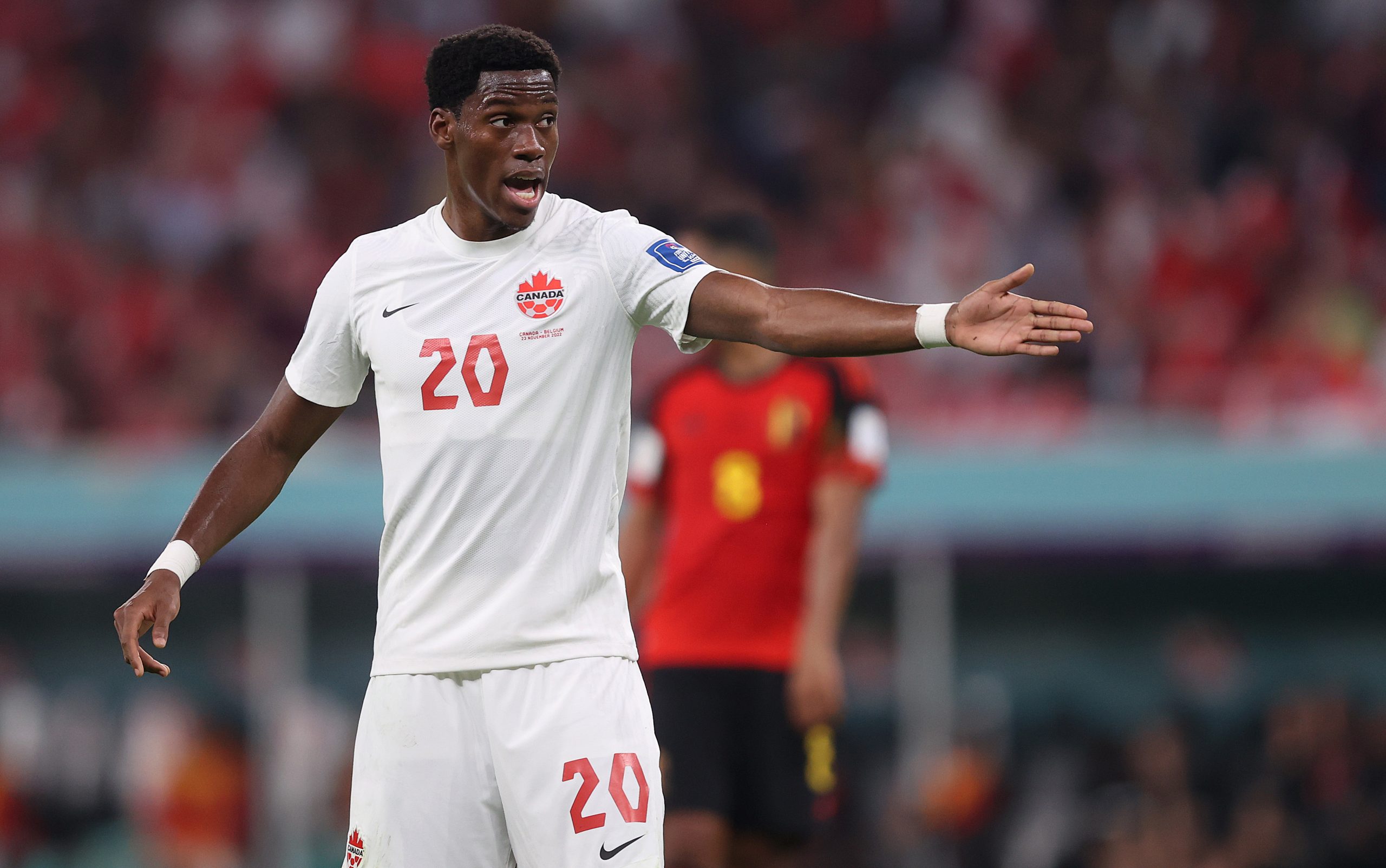 Jonathan David of Canada during the FIFA World Cup Qatar 2022 Group F match between Belgium and Canada at Ahmad Bin Ali Stadium on November 23, 2022 in Doha, Qatar.