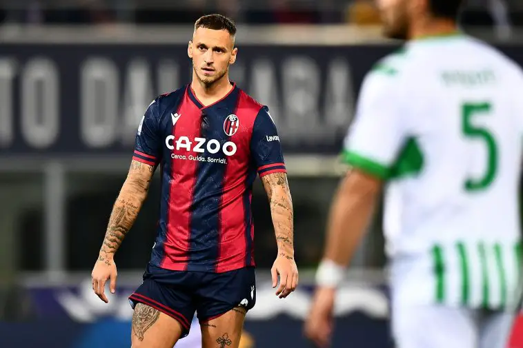 Marko Arnautovic of Bologna FC reacts during the Serie A match between Bologna FC and US Sassuolo at Stadio Renato Dall'Ara on November 12, 2022 in Bologna, Italy.