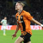 Mykhaylo Mudryk of Shakhtar Donetsk celebrates scoring their side's first goal during the UEFA Champions League group F match between Celtic FC and Shakhtar Donetsk at Celtic Park on October 25, 2022 in Glasgow, Scotland