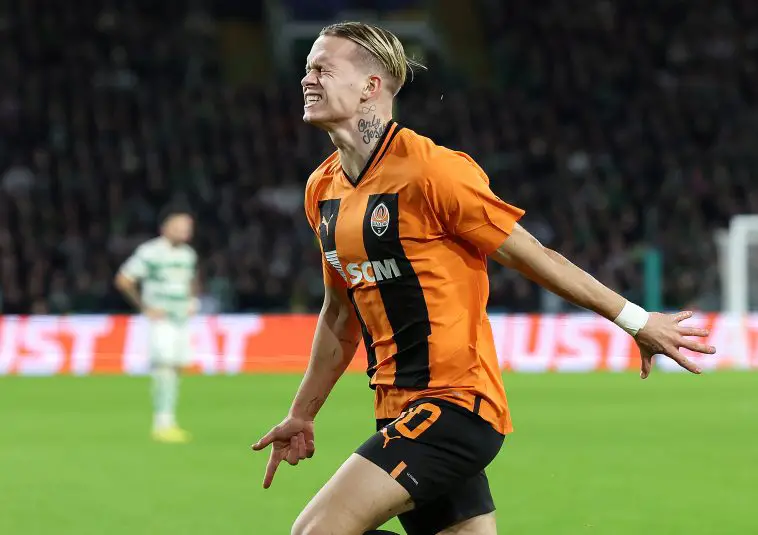 Mykhaylo Mudryk of Shakhtar Donetsk celebrates scoring their side's first goal during the UEFA Champions League group F match between Celtic FC and Shakhtar Donetsk at Celtic Park on October 25, 2022 in Glasgow, Scotland