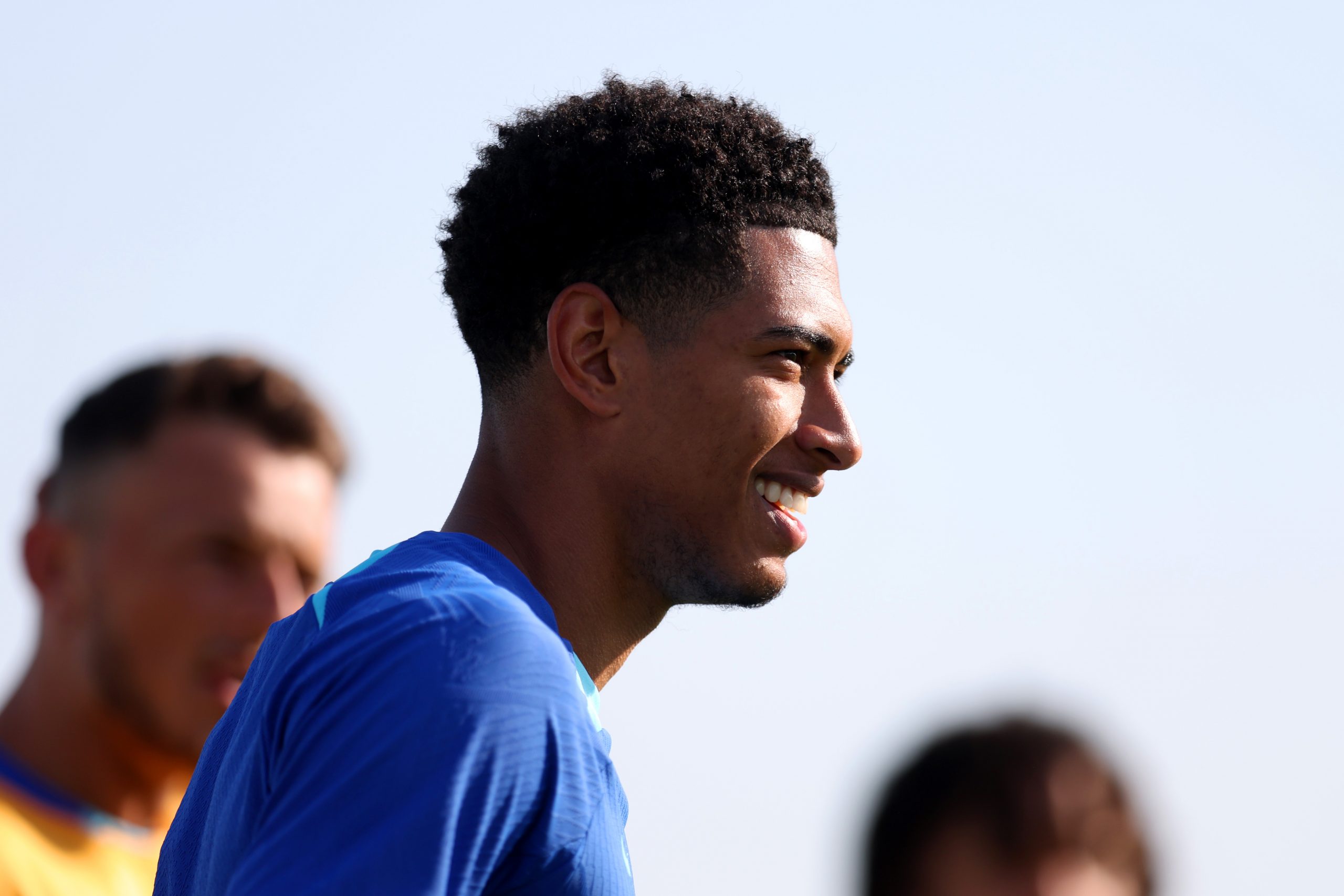 Jude Bellingham of England looks on during the England Training Session at Al Wakrah SC Stadium on November 24, 2022 in Doha, Qatar.