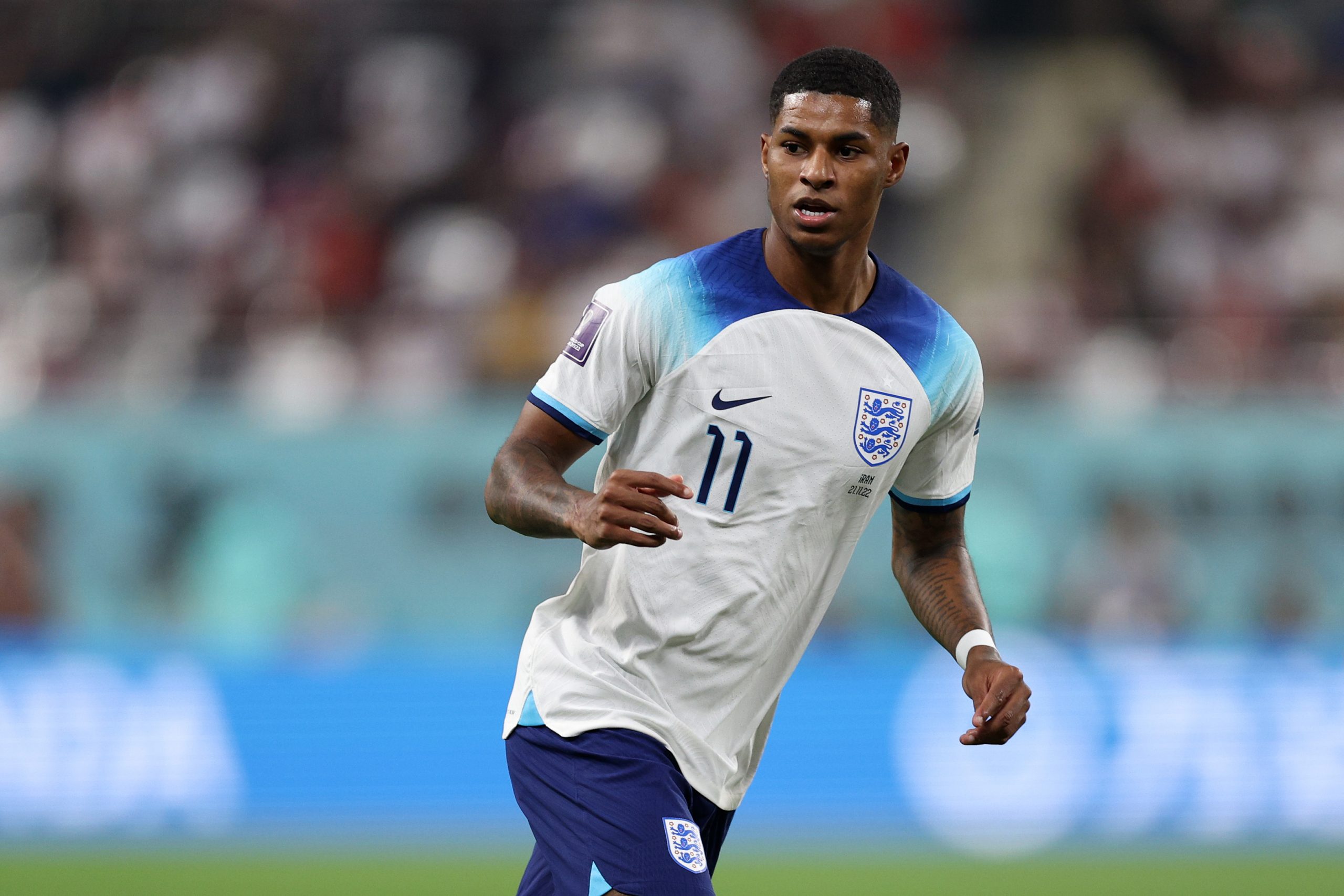 arcus Rashford of England in action during the FIFA World Cup Qatar 2022 Group B match between England and IR Iran at Khalifa International Stadium on November 21, 2022 in Doha, Qatar.