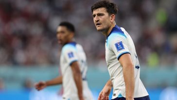 Harry Maguire of England in action during the FIFA World Cup Qatar 2022 Group B match between England and IR Iran at Khalifa International Stadium on November 21, 2022 in Doha, Qatar