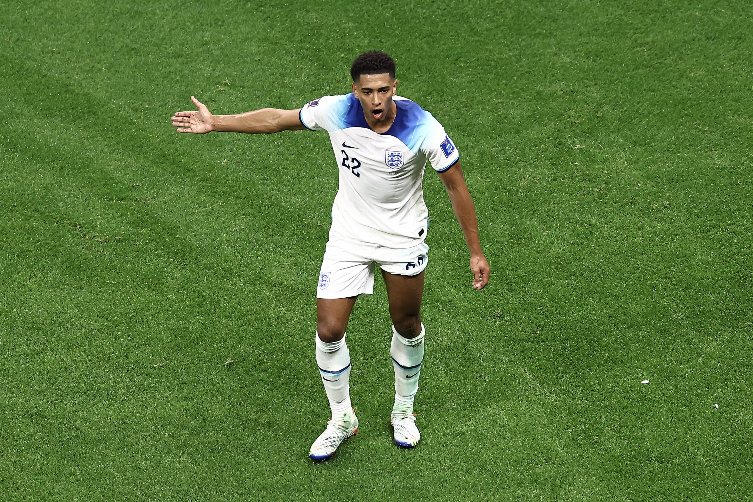 Jude Bellingham of England reacts during the FIFA World Cup Qatar 2022 Group B match between England and USA at Al Bayt Stadium on November 25, 2022 in Al Khor, Qatar