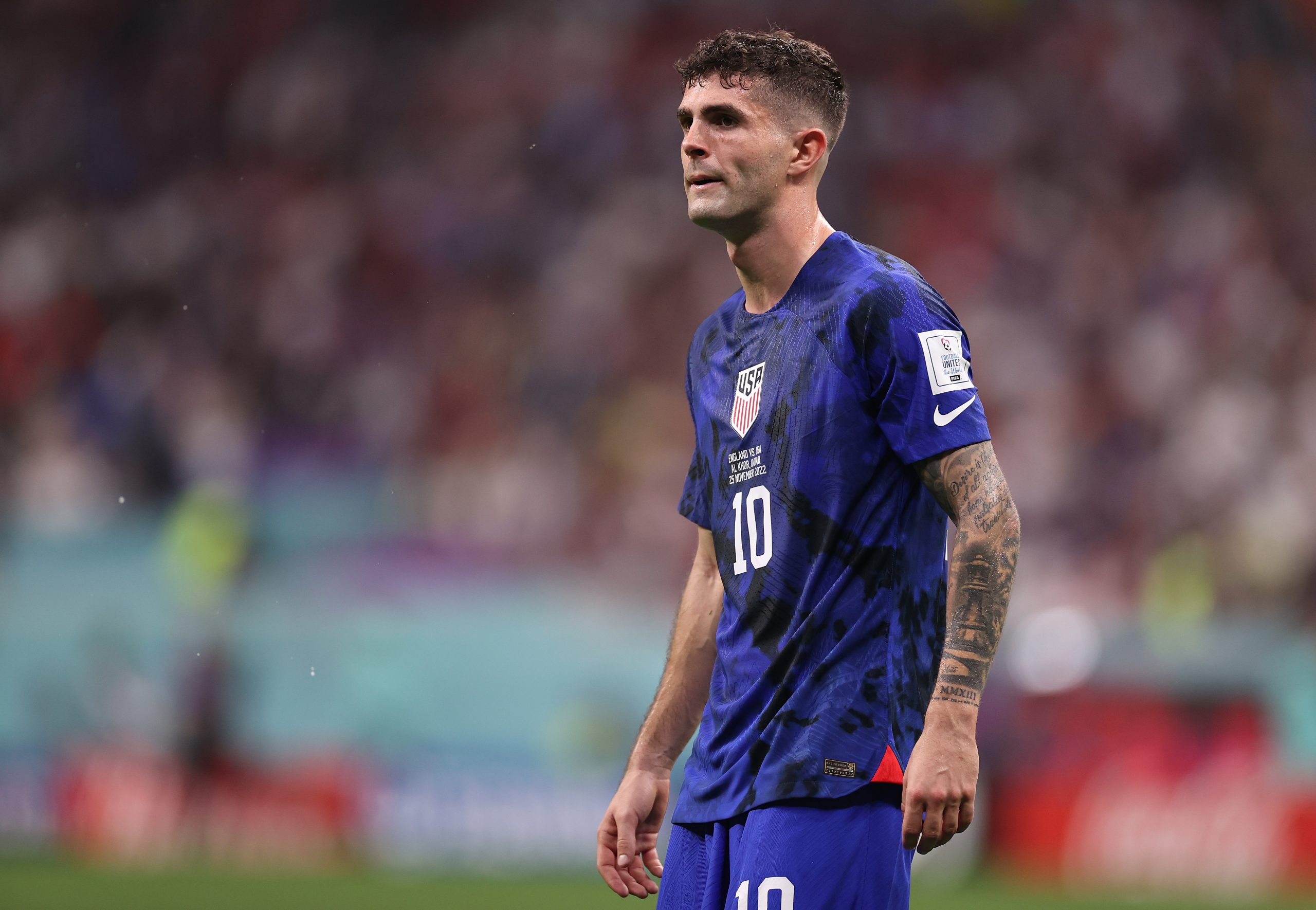 Christian Pulisic of United States looks on during the FIFA World Cup Qatar 2022 Group B match between England and USA at Al Bayt Stadium on November 25, 2022 in Al Khor, Qatar.