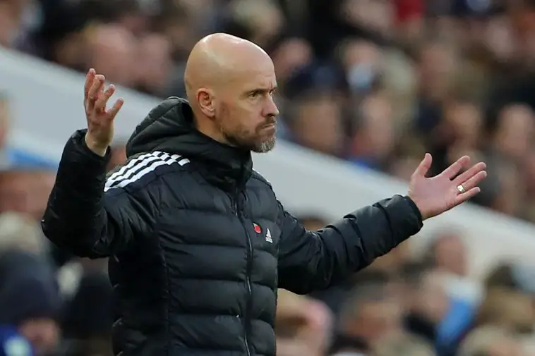 Manchester United's Dutch manager Erik ten Hag gestures on the touchline during the English Premier League football match between Aston Villa and Manchester Utd at Villa Park in Birmingham, central England on November 6, 2022