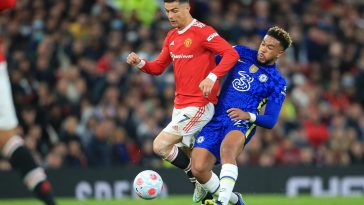 Manchester United's Portuguese striker Cristiano Ronaldo (L) vies with Chelsea's English defender Reece James (R) during the English Premier League football match between Manchester United and Chelsea at Old Trafford in Manchester, north west England, on April 28, 2022