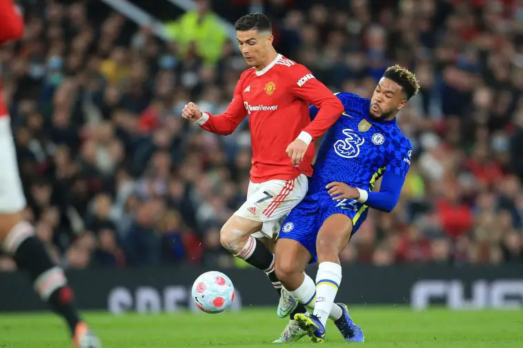 Manchester United's Portuguese striker Cristiano Ronaldo (L) vies with Chelsea's English defender Reece James (R) during the English Premier League football match between Manchester United and Chelsea at Old Trafford in Manchester, north west England, on April 28, 2022