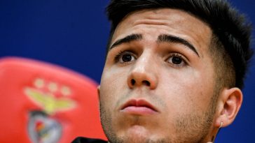 Benfica's Argentine midfielder Enzo Fernandez attends a press conference on the eve of their UEFA Champions League 1st round day 3 group H football match against Paris Saint-Germain, at Benfica Campus training ground in Seixal, outskirts of Lisbon on October 4, 2022.