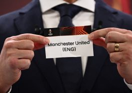 Europa League ambassador Hungarian former footballer Zoltan Gera shows the paper slip of Manchester United during the draw for the round of 16 of the 2022-2023 UEFA Europa League football tournament in Nyon on November 7, 2022