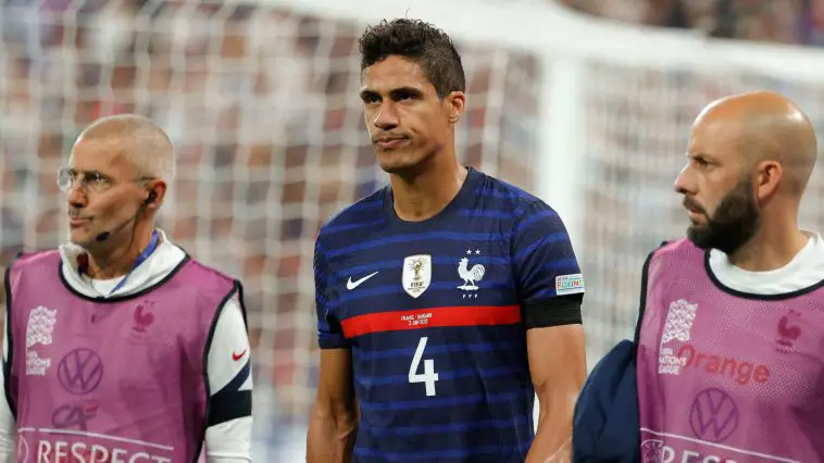 France's defender Raphael Varane walks off on injury during the UEFA Nations League - League A Group 1 first leg football match between France and Denmark at the Stade de France in Saint-Denis, north of Paris, on June 3, 2022