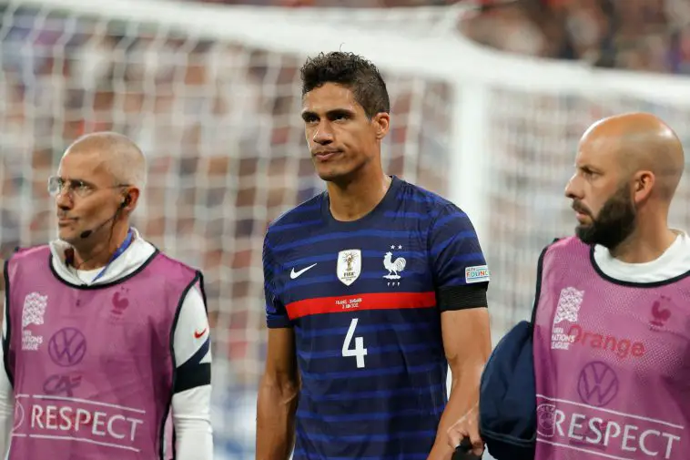 France's defender Raphael Varane walks off on injury during the UEFA Nations League - League A Group 1 first leg football match between France and Denmark at the Stade de France in Saint-Denis, north of Paris, on June 3, 2022