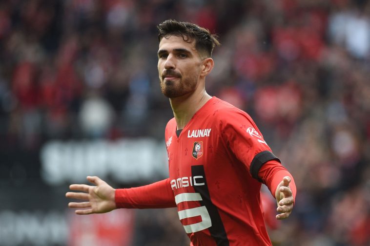Rennes' French forward Martin Terrier celebrates scoring his team's third goal during the French L1 football match between Stade Rennais FC and Olympique Lyonnais at the Roazhon Park Stadium in Rennes, western France on October 16, 2022